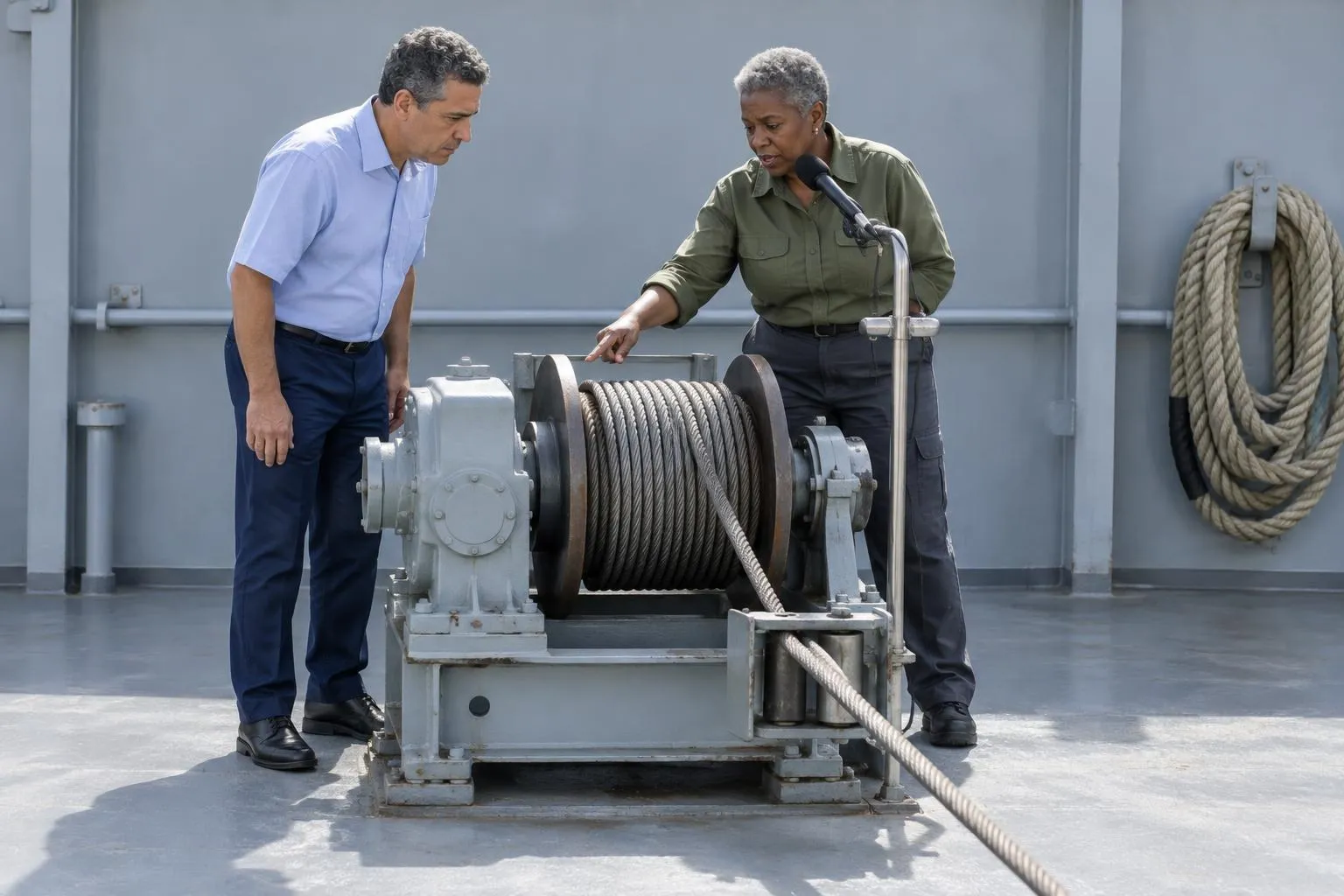 Court interpreter checks nautical terminology as a marine surveyor points out a stationary deck winch’s cable path.
